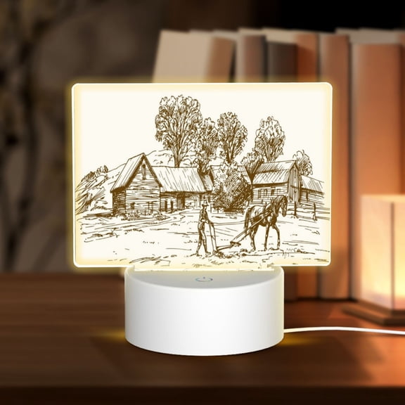 Kdxio Plowed Field With Horses Rectangular Acrylic Night Light Acrylic Sleep Night Light Friend Gifts for Birthday Gifts for Women Teens Boys Girls