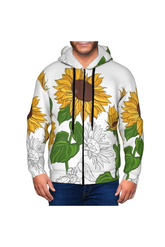 Plump Sunflower And Sketch Print Men Hoodies Casual Hoodies for Men with Zip Pockets Full Zip Long Sleeve Sweatshirt Sports Hooded Jacket-3X-Large