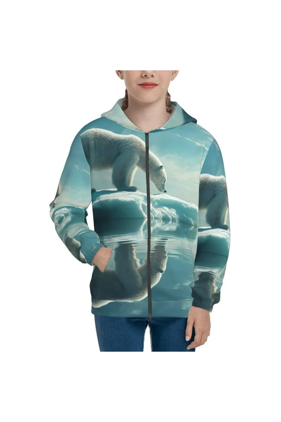 Polar Bear On Iceberg Pattern Kids Boys Girls Zip Up Hoodie 3D Printed Hooded Sweatshirt Hoody Coat with Pocket 7-12 Y-Medium