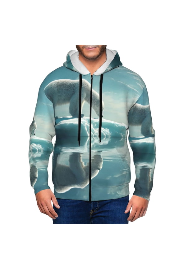 Polar Bear On Iceberg Print Men Hoodies Casual Hoodies for Men with Zip Pockets Full Zip Long Sleeve Sweatshirt Sports Hooded Jacket-Large