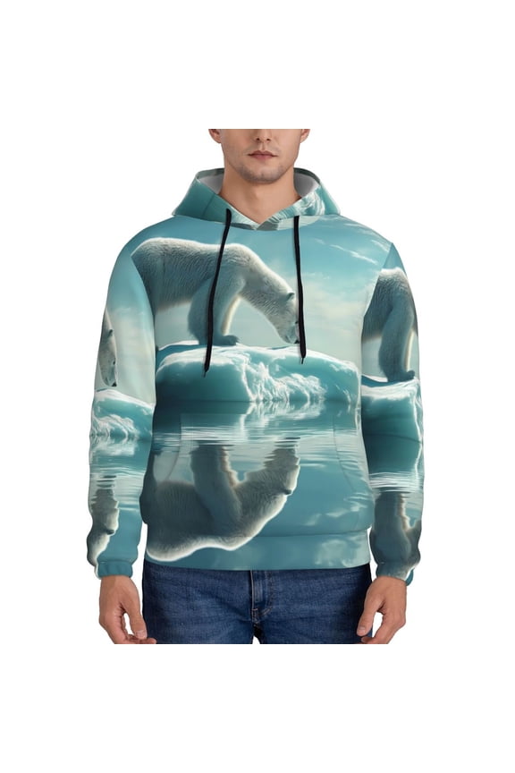 Polar Bear On Iceberg Print Mens Casual Hooded Collar Drawstring Hoodies Pullover Sweatshirts Casual Long Sleeve Shirts-4X-Large