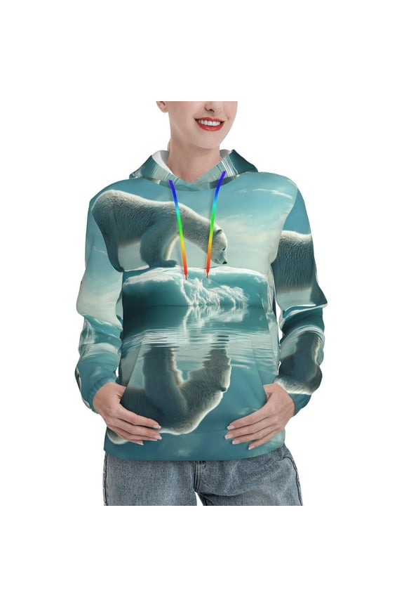 Polar Bear On Iceberg Print Womens Oversized Hoodies Sweatshirts Hooded Pullover Tops Sweaters Casual-X-Large