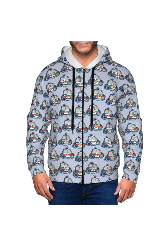 Police Car Print Men Hoodies Casual Hoodies for Men with Zip Pockets Full Zip Long Sleeve Sweatshirt Sports Hooded Jacket-Small