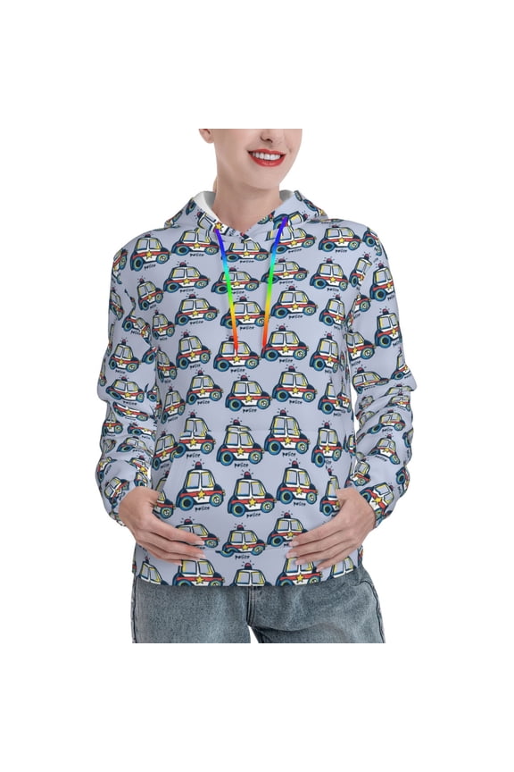 Police Car Print Womens Oversized Hoodies Sweatshirts Hooded Pullover Tops Sweaters Casual-Medium