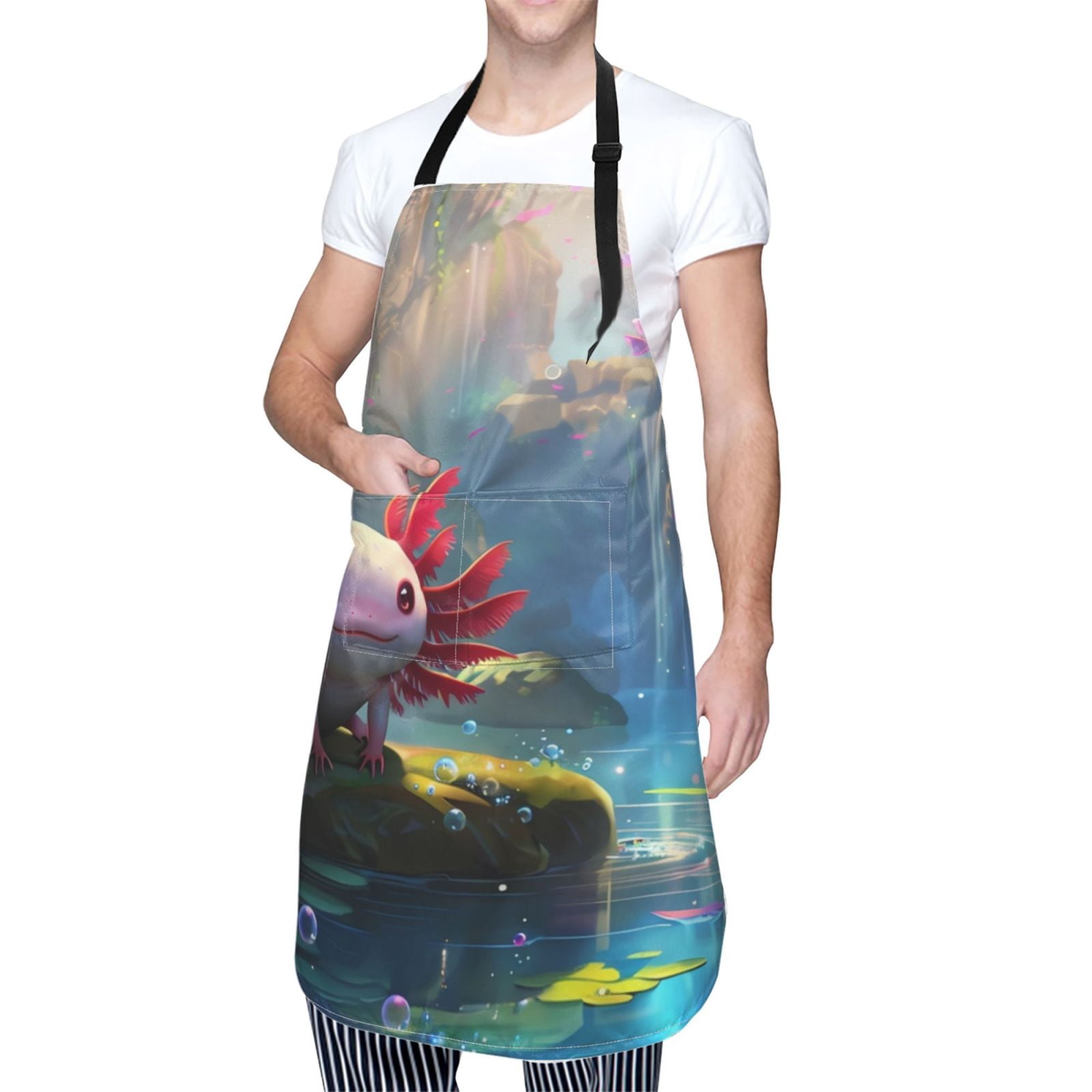 Kdxio Pond Cute Axolotl Apron with Pockets Adjustable Kitchen Aprons for Men Women Waterproof Aprons for Cooking,Drawing,Crafting, Baking Household Cleaning