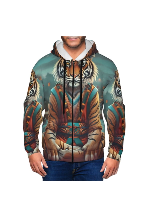 Pond Meditating Tiger Print Men Hoodies Casual Hoodies for Men with Zip Pockets Full Zip Long Sleeve Sweatshirt Sports Hooded Jacket-Small