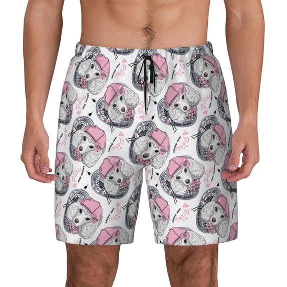Kdxio Poodle Dog Print Men's Swim Trunks with Compression Liner 7 Inch Inseam Quick Dry Swim Shorts