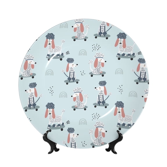 Kdxio Poodle Playing Skateboard Bone China Decorative Plate Ceramic Decorative Plate for Home Office Wall Stand Decorative Plates for Home Bedroom-7in