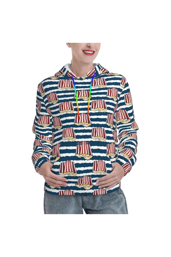 Popcorn On Blue Lines Print Womens Oversized Hoodies Sweatshirts Hooded Pullover Tops Sweaters Casual-Small