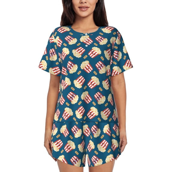 Kdxio Popcorn With Glasses Print Pajamas Sets for Women Short-Sleeved Pjs with Lounge Shorts Two Piece Sleepwear S-4XL