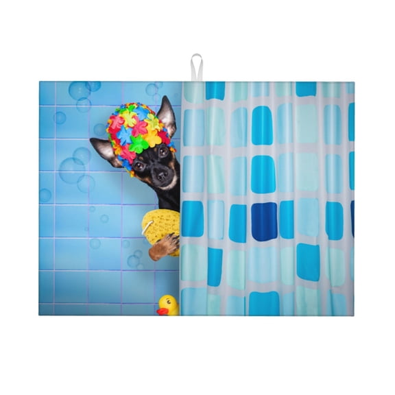 Kdxio Prague Ratter Dog in Bathtub for Dish Drying Mat,24*18 inch Absorbent Dish Drainer Kitchen Counter,Large Size Dish Drying Pad for Countertops,Draining Racks