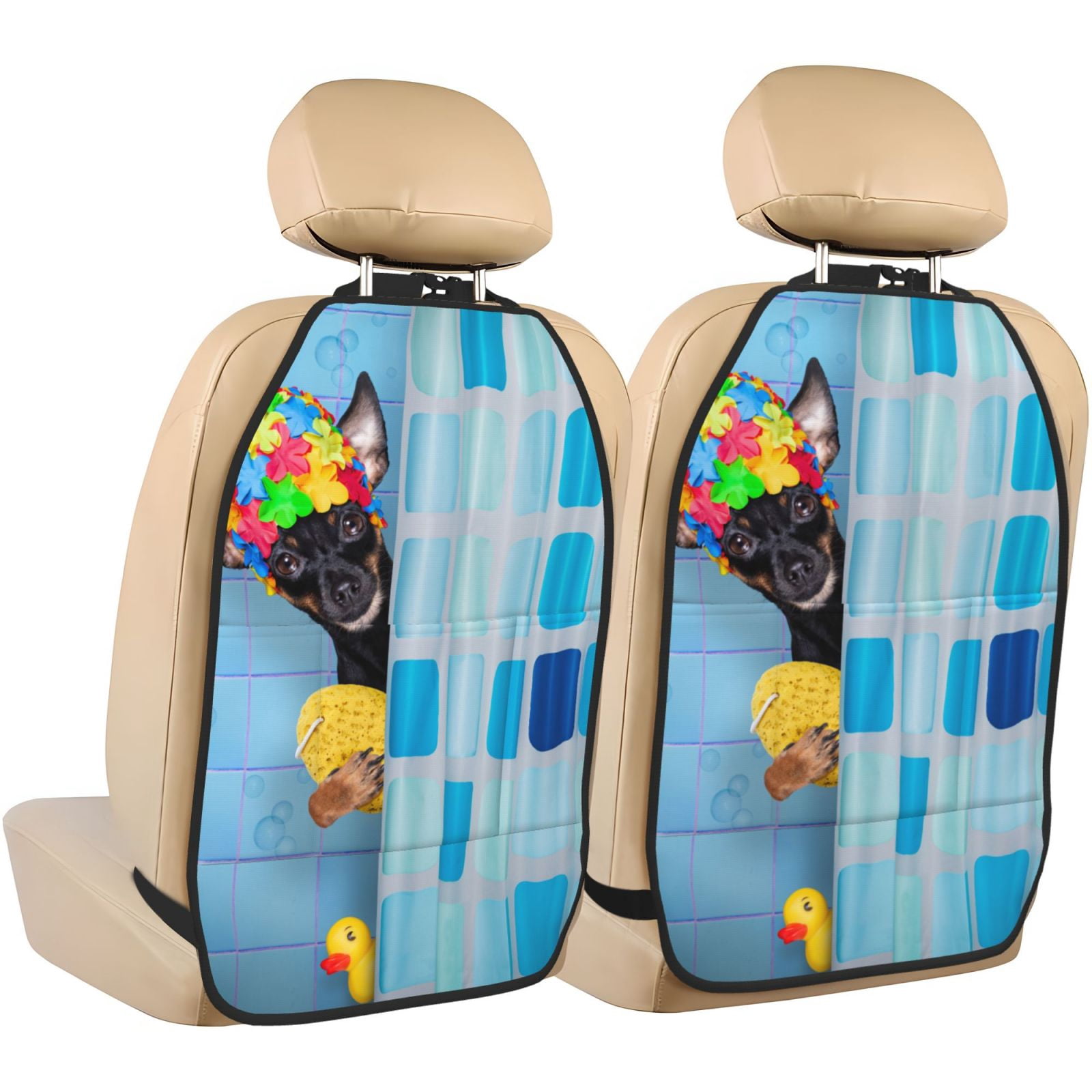 Kdxio Prague Ratter Dog in Bathtub Print 2 Pack Car Kick Mat Seat Cover Back Protector Mat with Pockets for Organizer Backseat Protector and Storage Anti Kick Pad for Vehicles