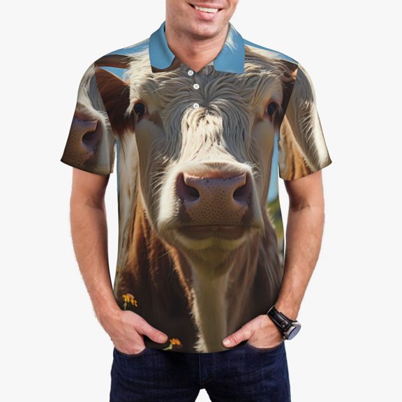 Kdxio Prairie Flower Cow Print Men's Short Sleeve Polo Shirt,Midweight Men's Shirt