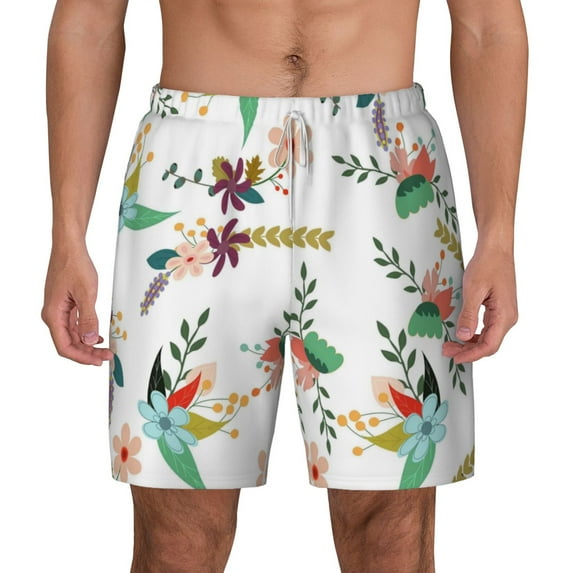 Kdxio Pretty Floral With Leaves Print Men'S Swim Trunks With Compression Liner 7 Inch Inseam Quick Dry Swim Shorts