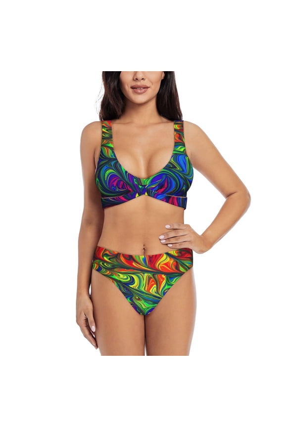 Pride Rainbow Print Women's 2 Piece High Waisted Wrap Spaghetti Strap Summer Swimsuit Bikini Set-Large