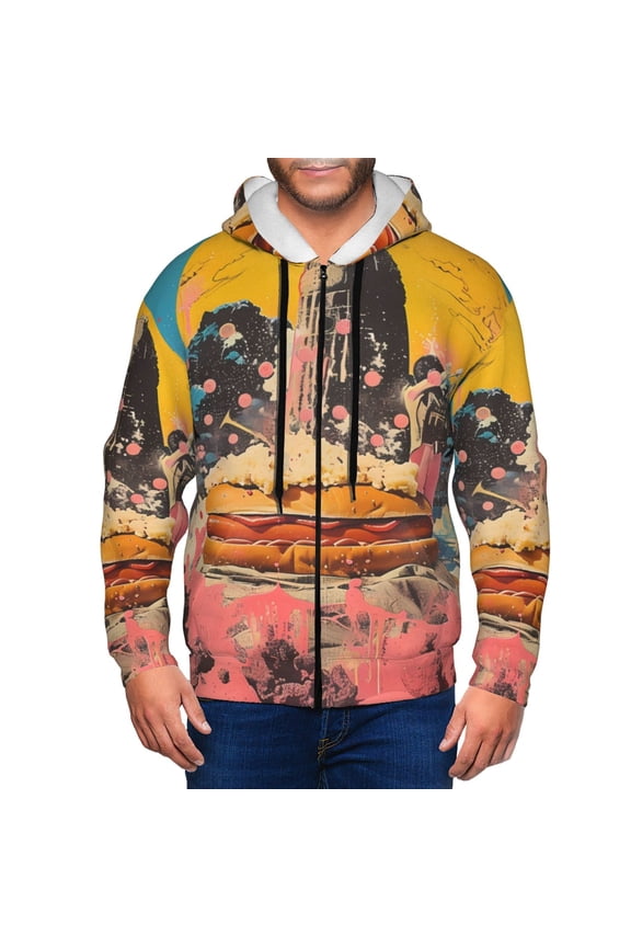 Psychedelic Band Hotdog Art Print Men Hoodies Casual Hoodies for Men with Zip Pockets Full Zip Long Sleeve Sweatshirt Sports Hooded Jacket-Large