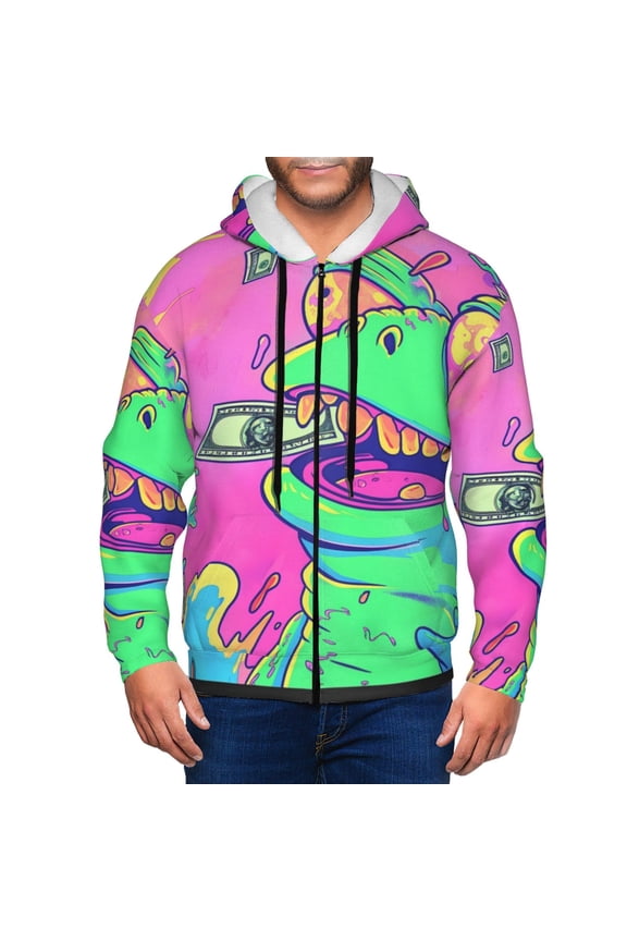 Psychedelic Cartoon Frog Print Men Hoodies Casual Hoodies for Men with Zip Pockets Full Zip Long Sleeve Sweatshirt Sports Hooded Jacket-XX-Large