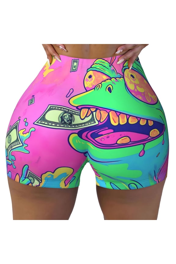 Psychedelic Cartoon Frog Print Workout Shorts for Women Seamless Soft Smooth Gym Yoga Scrunch Active Shorts