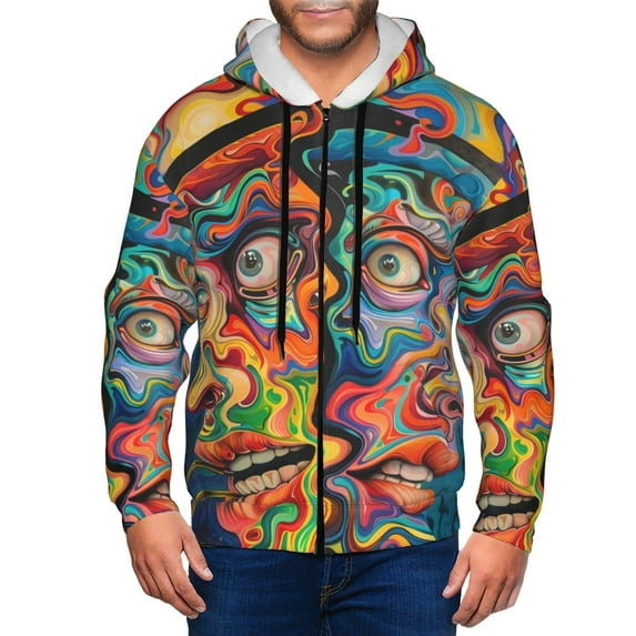 Kdxio Psychedelic Faces Colorful Print Men Hoodies Casual Hoodies for Men with Zip Pockets Full Zip Long Sleeve Sweatshirt Sports Hooded Jacket-3X-Large