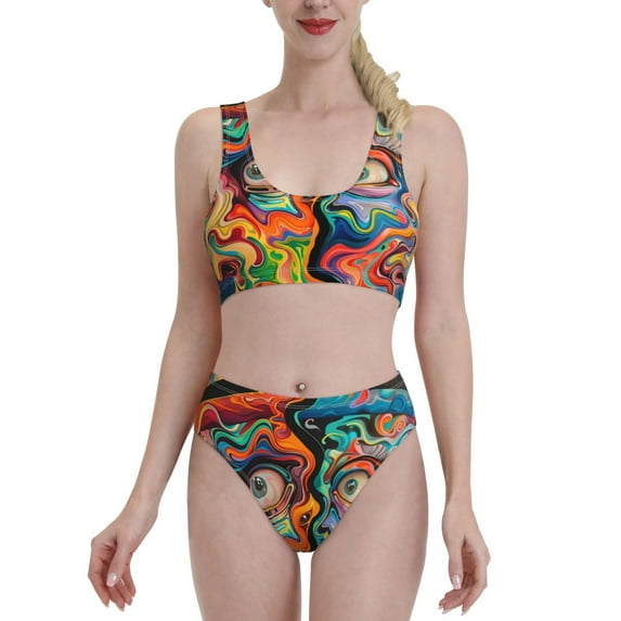 Kdxio Psychedelic Faces Colorful for Womens High Waisted Bikini Top Sports Style Two Piece Bathing Suits