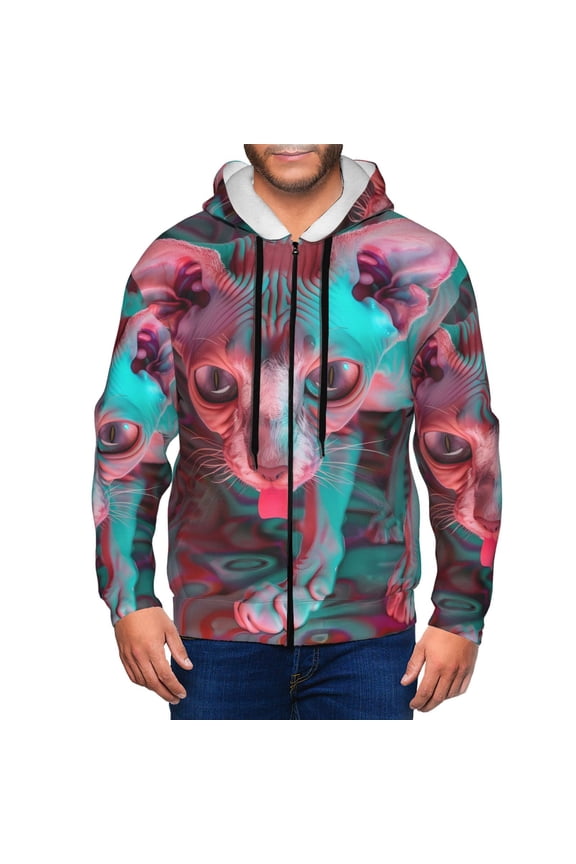Psychedelic Hairless Cat Print Men Hoodies Casual Hoodies for Men with Zip Pockets Full Zip Long Sleeve Sweatshirt Sports Hooded Jacket-Small