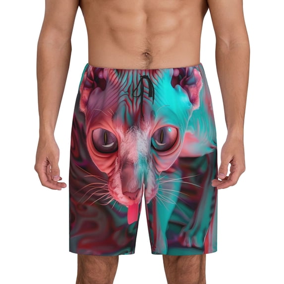 Kdxio Psychedelic Hairless Cat Print Mens Sleep Shorts Bottoms Soft Comfy Pajama Wear Pants with Drawstring Pockets