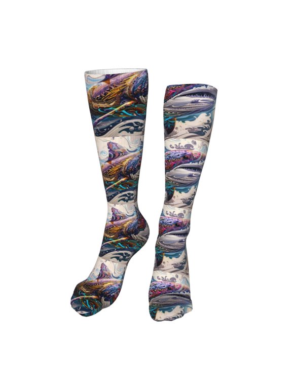 Psychedelic Shark Artwork Funny Silky Novelty Funky Long Knee High Socks Soft 3D Print Cosplay Crazy Stockings for Men Women