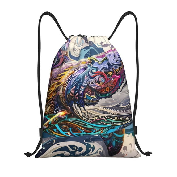 Kdxio Psychedelic Shark Artwork Print Drawstring Backpack Bag,Waterproof Draw String Back Sack, Gym Drawstring Bags Swim Bag For Unisex
