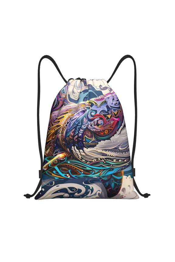 Psychedelic Shark Artwork Print Drawstring Backpack Bag,Waterproof Draw String Back Sack, Gym Drawstring Bags Swim Bag For Unisex