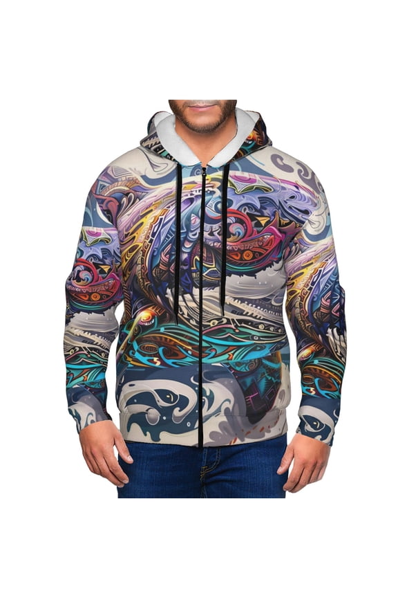 Psychedelic Shark Artwork Print Men Hoodies Casual Hoodies for Men with Zip Pockets Full Zip Long Sleeve Sweatshirt Sports Hooded Jacket-Small