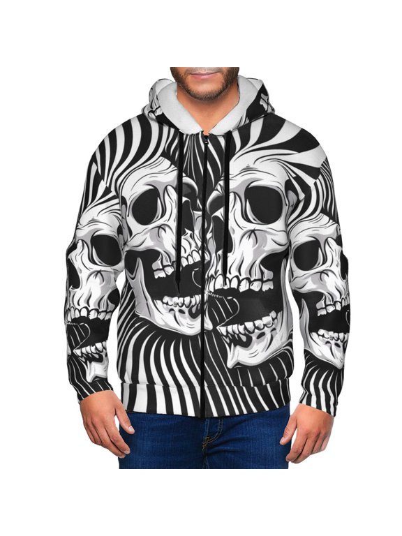 Psychedelic Skull Illusion Art Print Men Hoodies Casual Hoodies for Men with Zip Pockets Full Zip Long Sleeve Sweatshirt Sports Hooded Jacket-X-Large