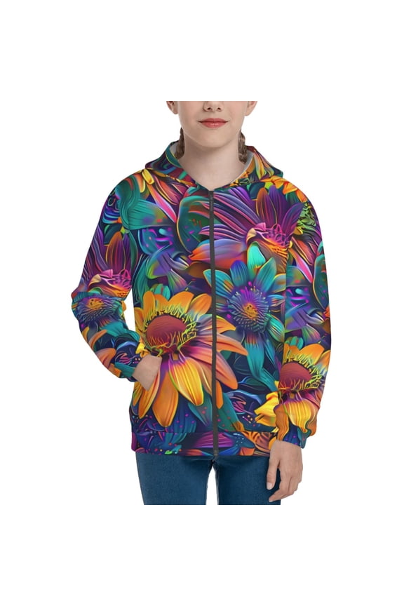 Psychedelic Sunflowers Pattern Kids Boys Girls Zip Up Hoodie 3D Printed Hooded Sweatshirt Hoody Coat with Pocket 7-12 Y-Small