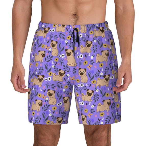 Kdxio Pugs And Flowers Print Men'S Swim Trunks With Compression Liner 7 Inch Inseam Quick Dry Swim Shorts