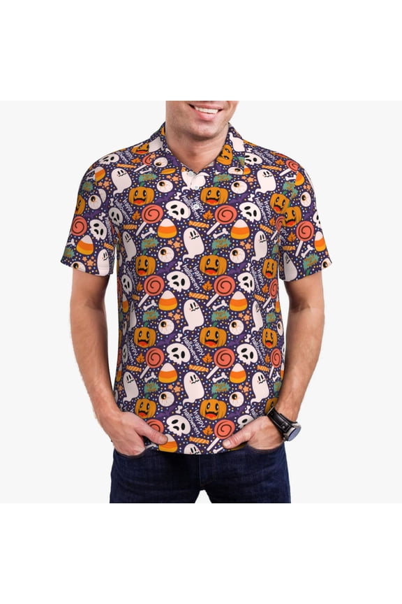 Pumpkin And Flying Bat1 Print Men's Short Sleeve Polo Shirt,Midweight Men's Shirt-XX-Large