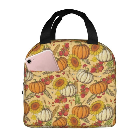 Kdxio Pumpkin And Sunflower Print Insulated Lunch Bag,Reusable Tote Lunch Box for Women Men,Leakproof Cooler Lunch Bags for Work Office Travel Picnic