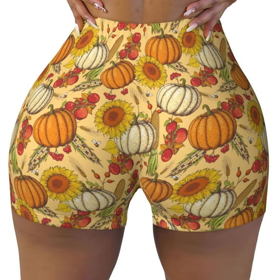 Kdxio Pumpkin And Sunflower Print Workout Shorts for Women Seamless Soft Smooth Gym Yoga Scrunch Active Shorts