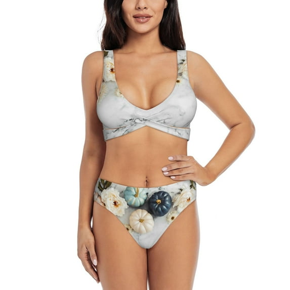 Kdxio Pumpkin And White Marble Print Women's 2 Piece High Waisted Wrap Spaghetti Strap Summer Swimsuit Bikini Set-Large