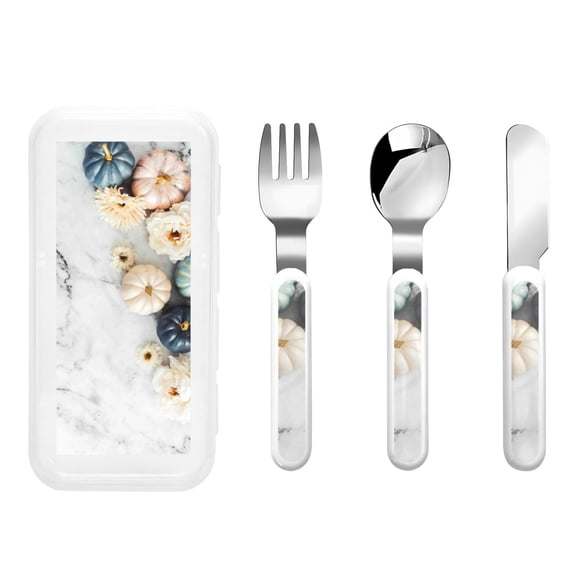 Kdxio Pumpkin And White Marble Toddler Utensils Set - Kids Silverware Set, Set Kids Utensils Set with Case for Preschooler Children
