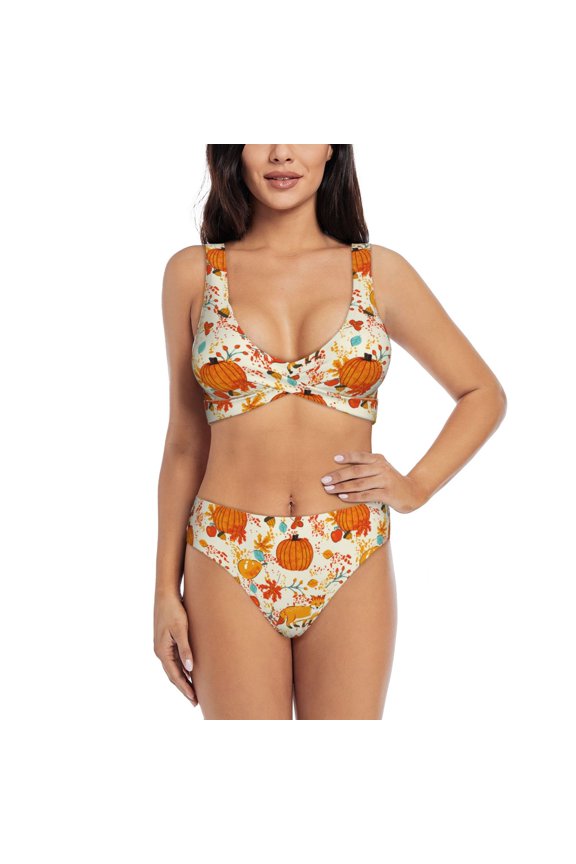 Pumpkin Fall Pears Print Women's 2 Piece High Waisted Wrap Spaghetti Strap Summer Swimsuit Bikini Set-Medium