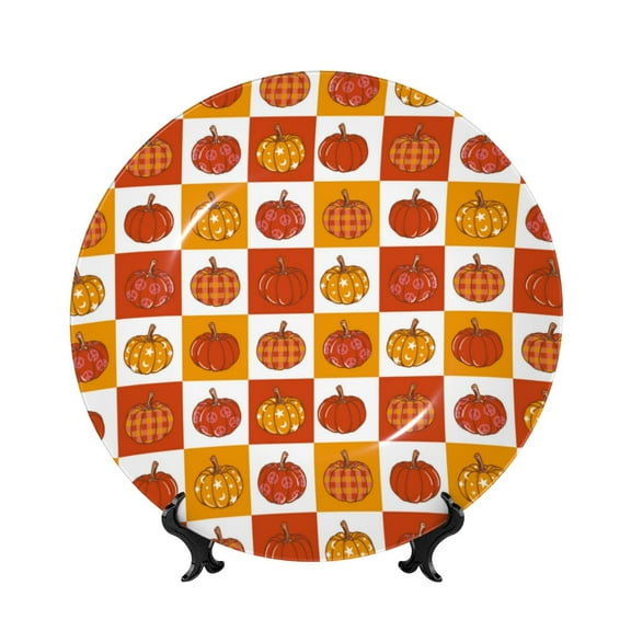Kdxio Pumpkin Plaid Bone China Decorative Plate Ceramic Decorative Plate for Home Office Wall Stand Decorative Plates for Home Bedroom-8in