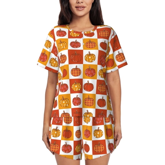 Kdxio Pumpkin Plaid Print Pajamas Sets for Women Short-Sleeved Pjs with Lounge Shorts Two Piece Sleepwear S-4XL
