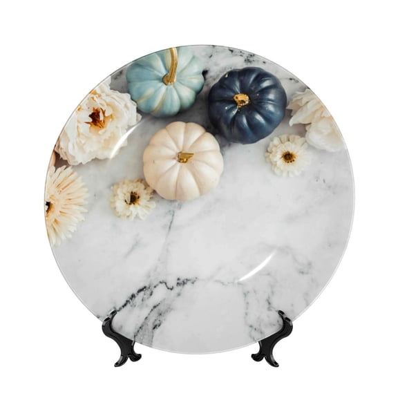 Kdxio Pumpkin And White Marble Bone China Decorative Plate Ceramic Decorative Plate for Home Office Wall Stand Decorative Plates for Home Bedroom-10in