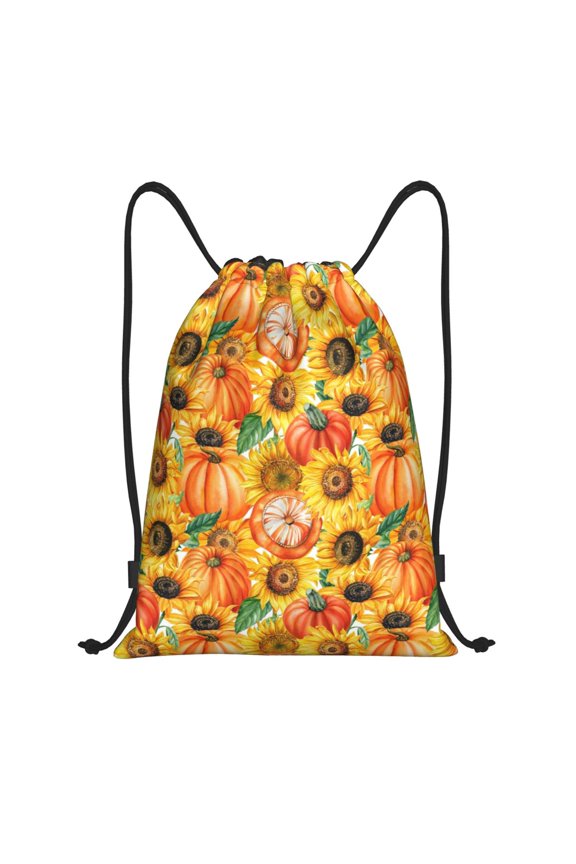 Pumpkins And Sunflowers Print Drawstring Backpack Bag,Waterproof Draw String Back Sack, Gym Drawstring Bags Swim Bag For Unisex