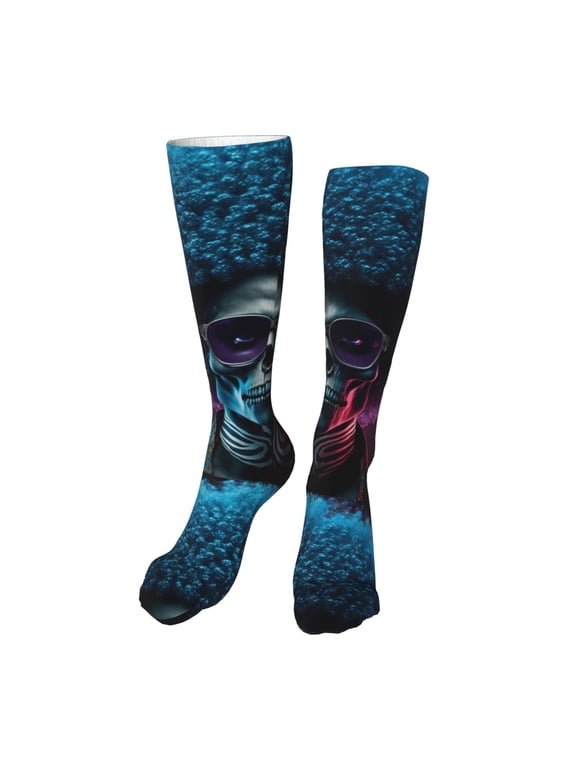 Punk Style Blue Haired Skull Funny Silky Novelty Funky Long Knee High Socks Soft 3D Print Cosplay Crazy Stockings for Men Women