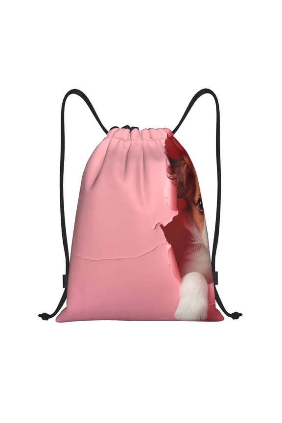 Puppy Peeking Through Pink Print Drawstring Backpack Bag,Waterproof Draw String Back Sack, Gym Drawstring Bags Swim Bag For Unisex
