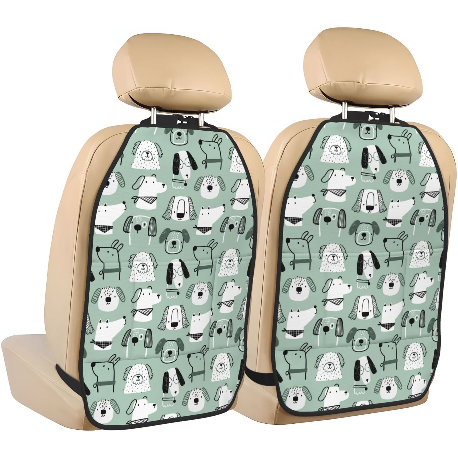 Kdxio Puppy Print 2 Pack Car Kick Mat Seat Cover Back Protector Mat with Pockets for Organizer Backseat Protector and Storage Anti Kick Pad for Vehicles
