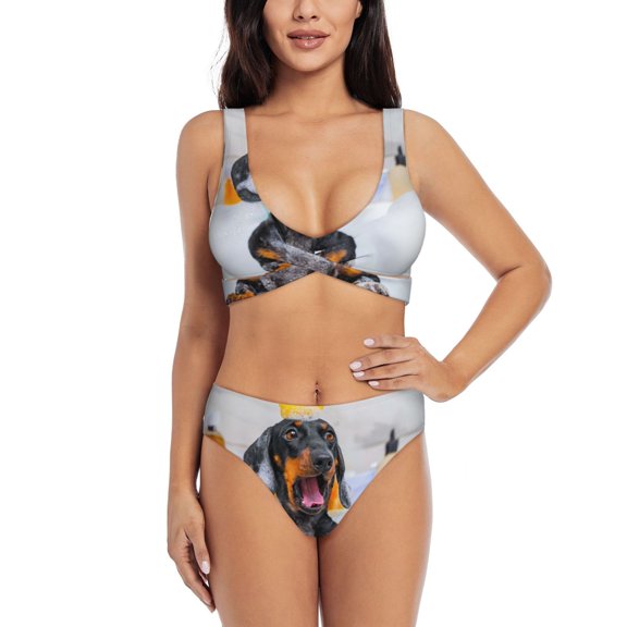 Kdxio Puppy Sits In Bathtub Print Women's 2 Piece High Waisted Wrap Spaghetti Strap Summer Swimsuit Bikini Set-Medium