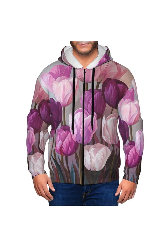 Purple And Pink Tulip Bouquet Print Men Hoodies Casual Hoodies for Men with Zip Pockets Full Zip Long Sleeve Sweatshirt Sports Hooded Jacket-XX-Large