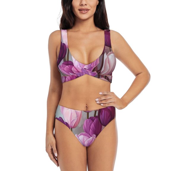 Kdxio Purple And Pink Tulip Bouquet Print Women's 2 Piece High Waisted Wrap Spaghetti Strap Summer Swimsuit Bikini Set-Small