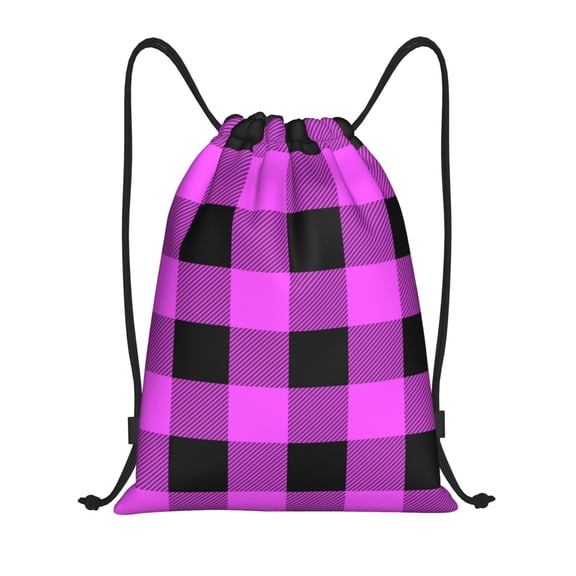 Kdxio Purple Black Buffalo Plaid Print Drawstring Backpack Bag,Waterproof Draw String Back Sack, Gym Drawstring Bags Swim Bag For Unisex